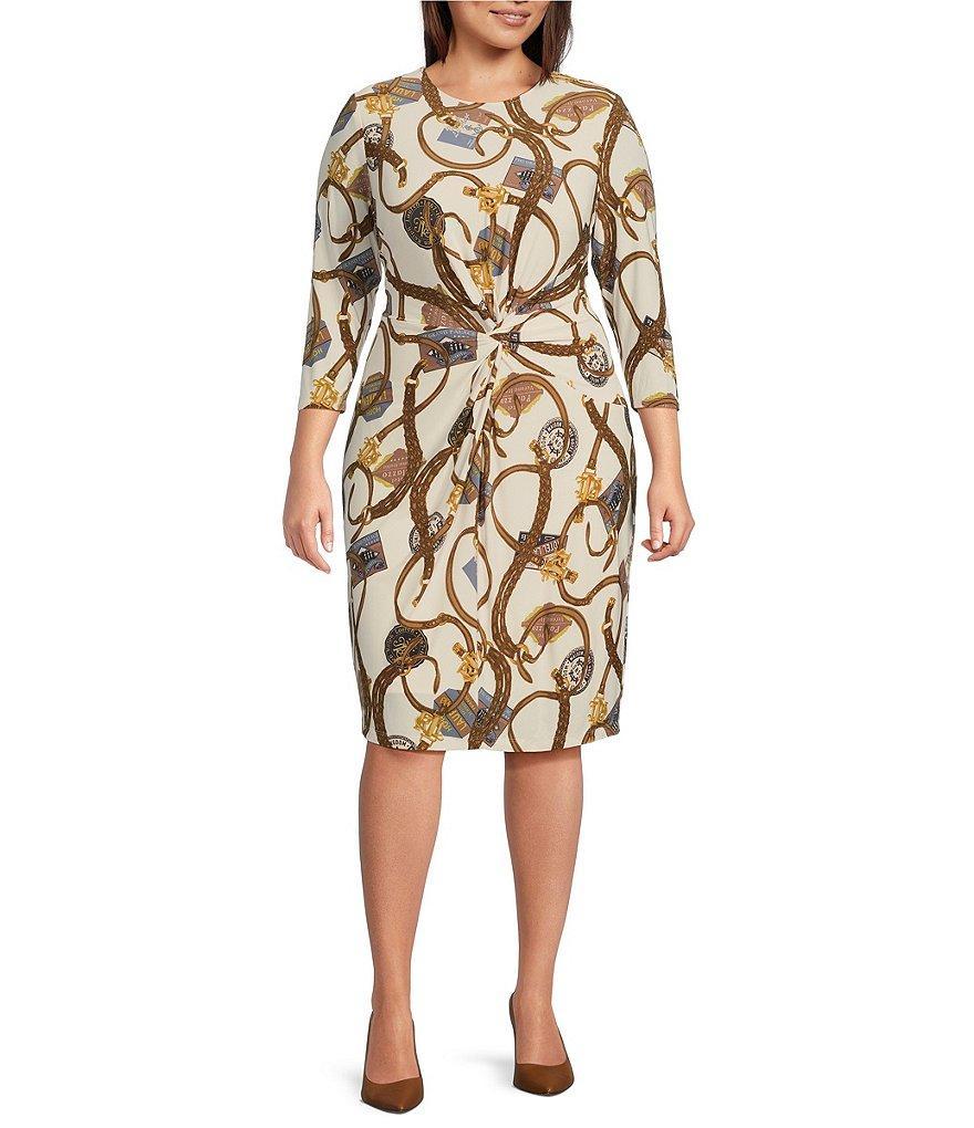 Lauren Ralph Lauren Plus Size Printed Stretch Jersey Round Neck 3/4 Sleeve Front Twist Sheath Dress Product Image