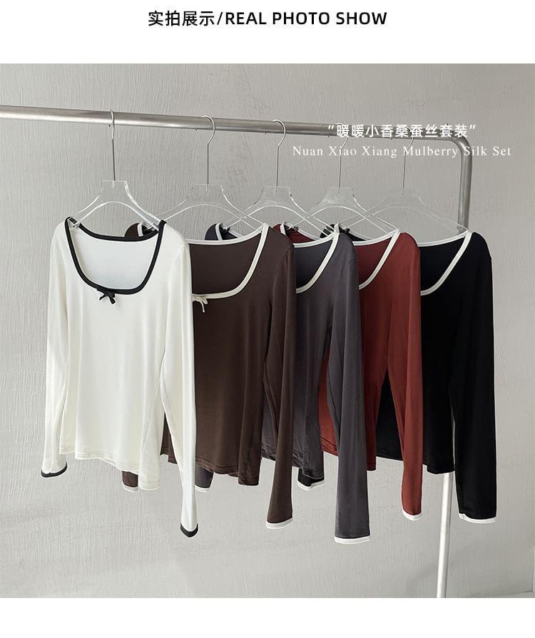 Pajama Set: Long-Sleeve Scoop Neck Plain Bow Pajama T-Shirt + Pants Product Image