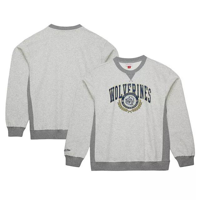 Mens Mitchell & Ness Heather Gray Michigan Wolverines Arched Fleece Crewneck Pullover Sweatshirt Product Image