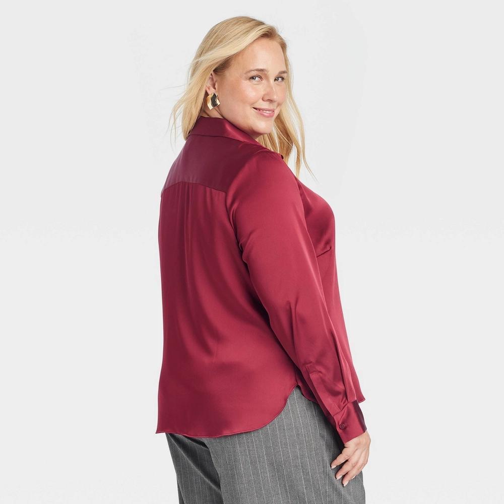 Women's Long Sleeve Satin Button-Down Shirt - A New Day™ Burgundy XXL Product Image