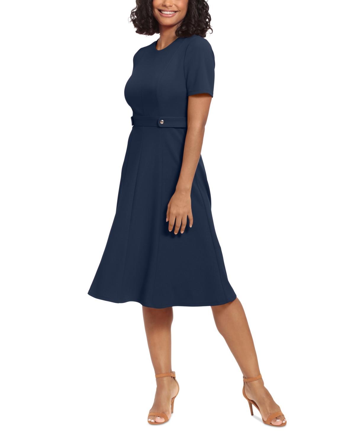 London Times Womens Puff-Sleeve Tab-Detail Fit & Flare Dress Product Image