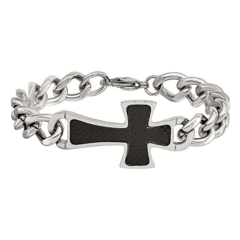 Mens Stainless Steel Black Carbon Fiber Cross Bracelet Product Image