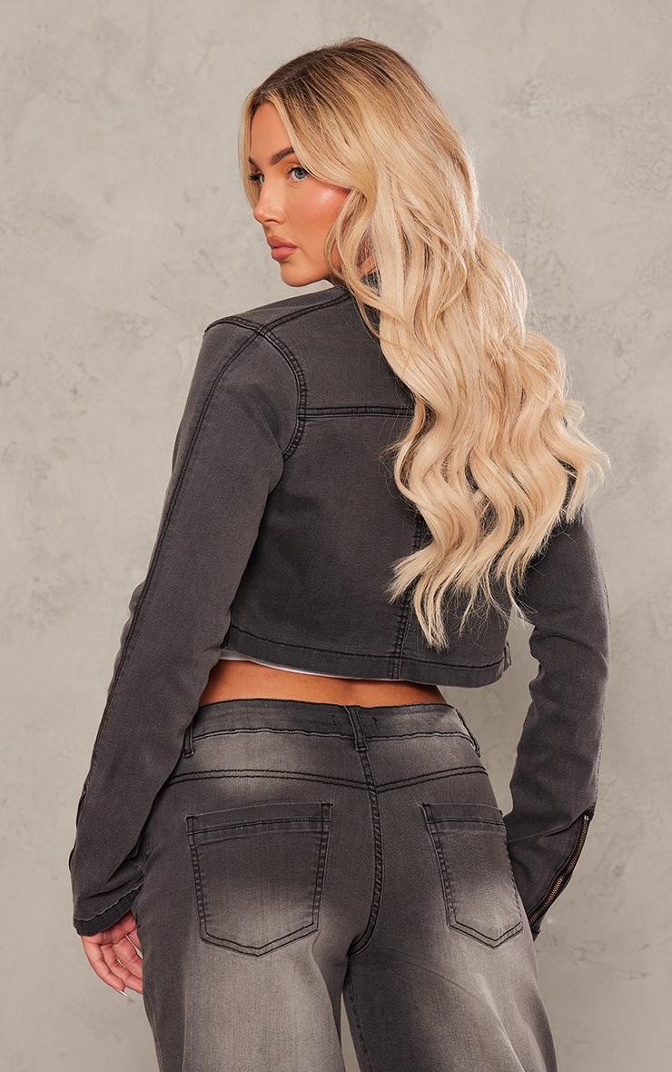 Washed Grey Bleach Detail Fitted Crop Denim Jacket Product Image