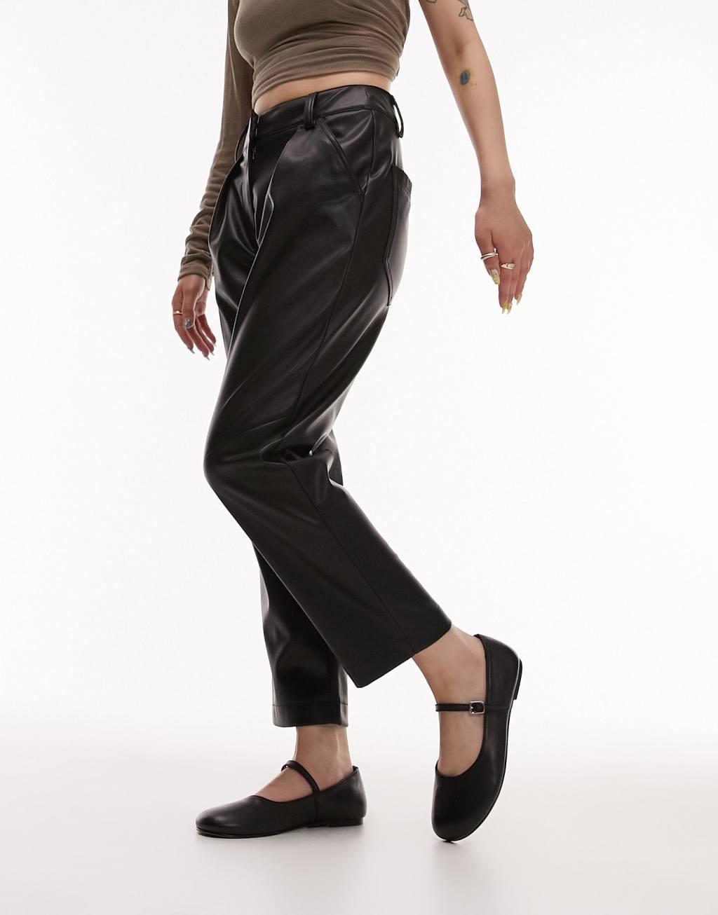 Topshop Petite faux leather high waist pleated peg pants in black Product Image