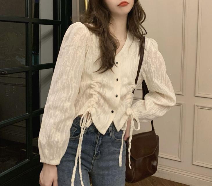 Long-Sleeve V-Neck Drawstring Lace Blouse Product Image