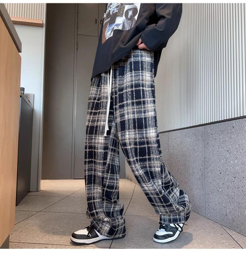 Mid Rise Plaid Wide Leg Pants Product Image