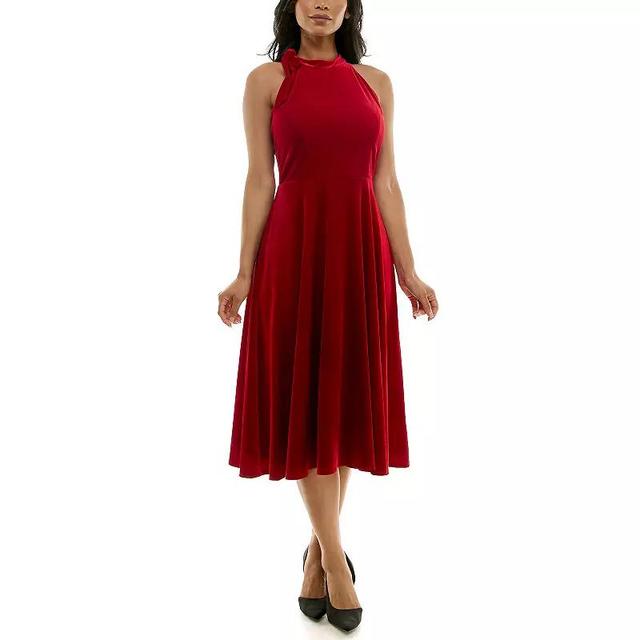 Womens Maison Tara Velvet Bow Halter Neck Fit & Flare Midi Dress Product Image