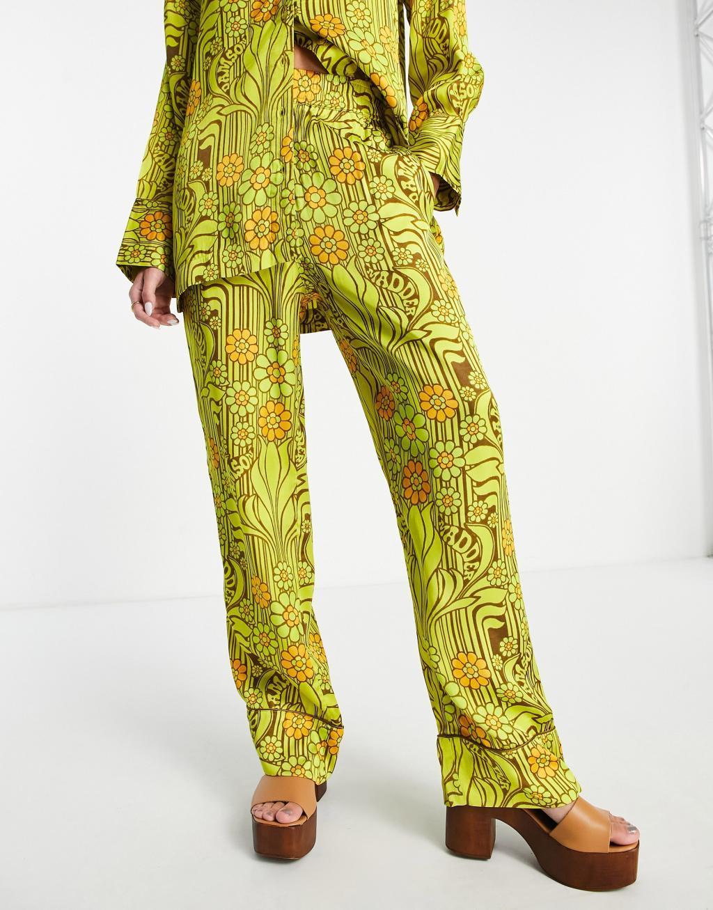 Damson Madder poly satin pants in retro yellow floral - part of a set Product Image