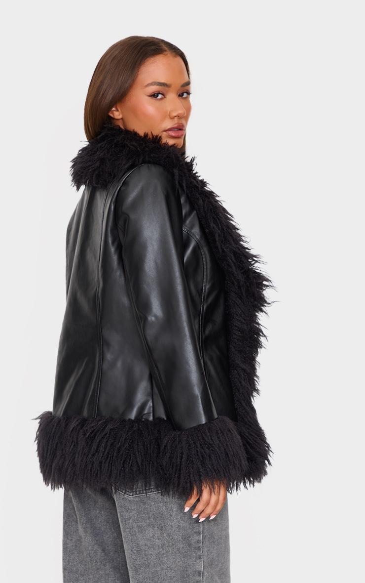 Petite Black Faux Leather Longline Jacket With Fur Trims Product Image