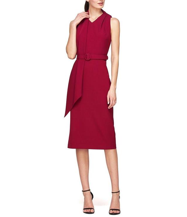 Kay Unger Stretch Crepe Draped Scarf V-Neck Sleeveless Belted Sheath Dress Product Image