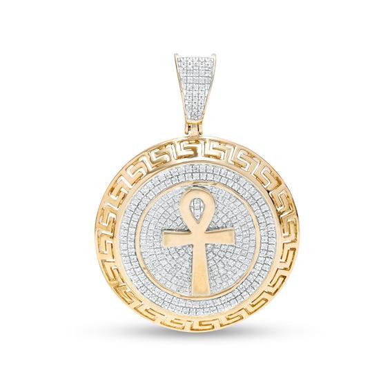 Men's 7/8 CT. T.w. Diamond Greek Key Frame Ankh Necklace Charm in 10K Gold Product Image