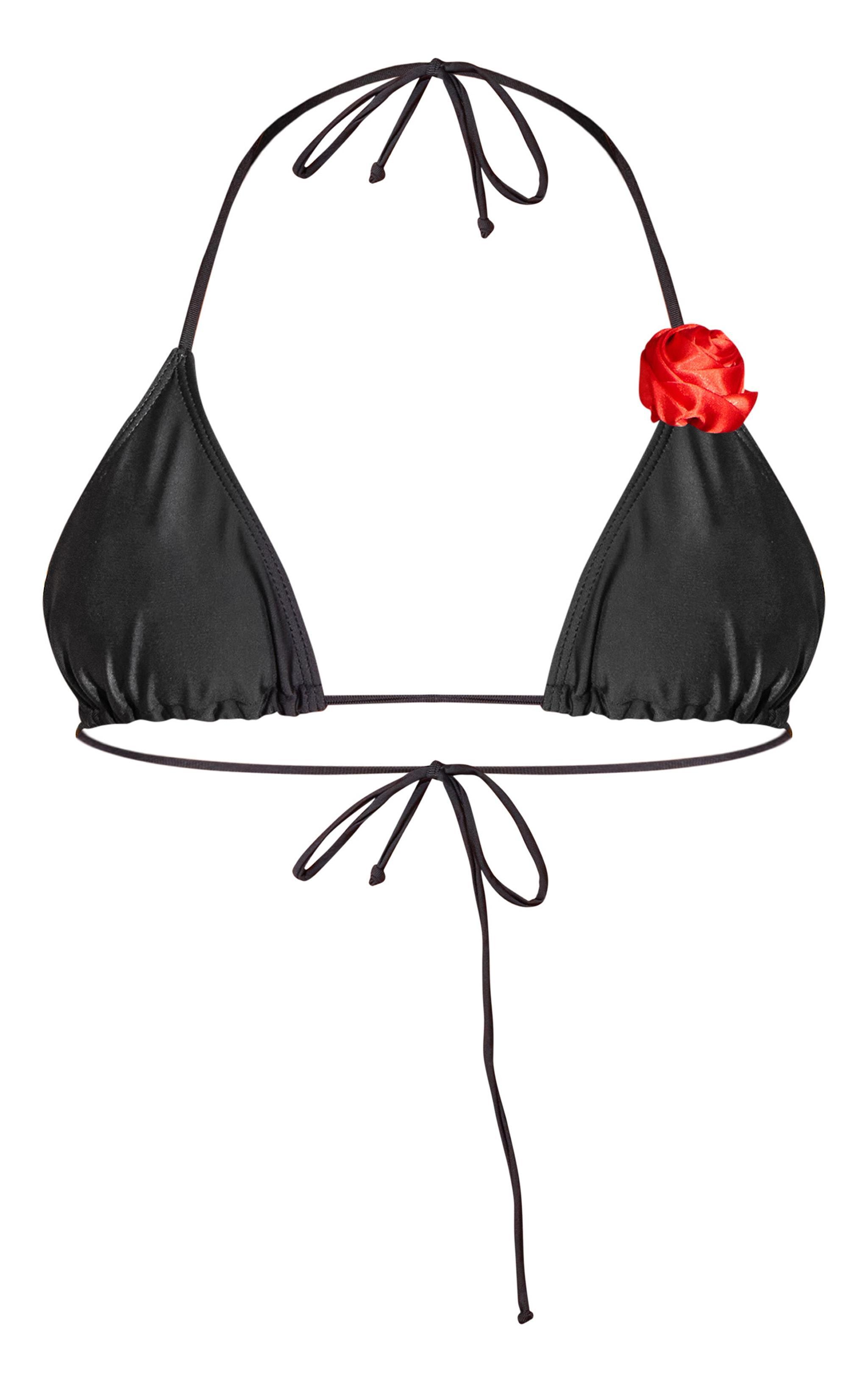 Black Contrast Flower Trim Triangle Bikini Top Product Image