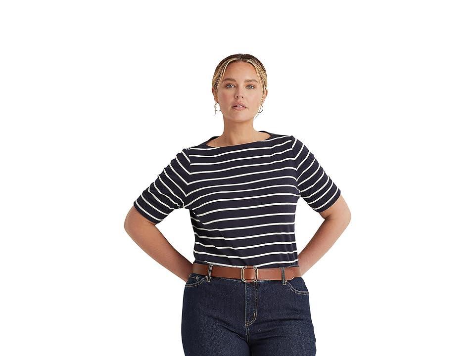 Lauren Ralph Lauren Plus Size Stripe Boat Neck Short Sleeve T Product Image