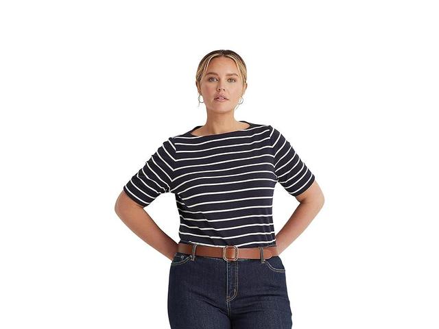 Lauren Ralph Lauren Plus Size Striped Boatneck Top (Lauren Navy/White) Women's T Shirt Product Image