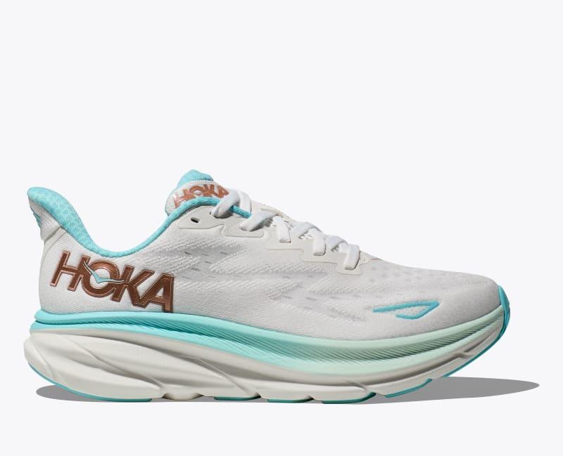 HOKA Womens Clifton 9 Shoes in Blanc De Blanc/Swim Day, Size 5 Product Image