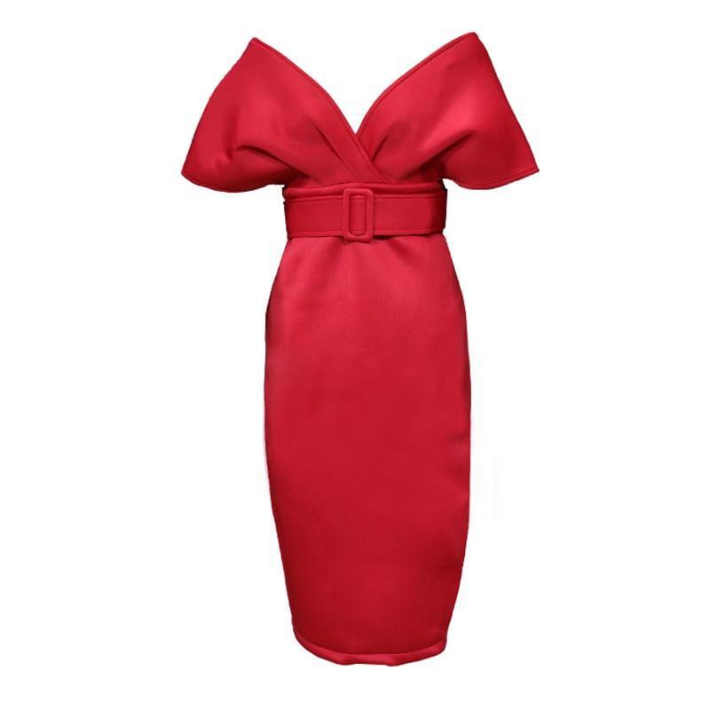 Off Shoulder Plain Midi Sheath Dress Product Image