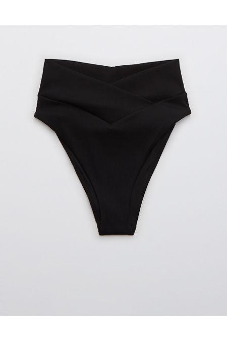 Aerie Ribbed Crossover High Cut Cheeky Bikini Bottom Women's True Black XXL Product Image