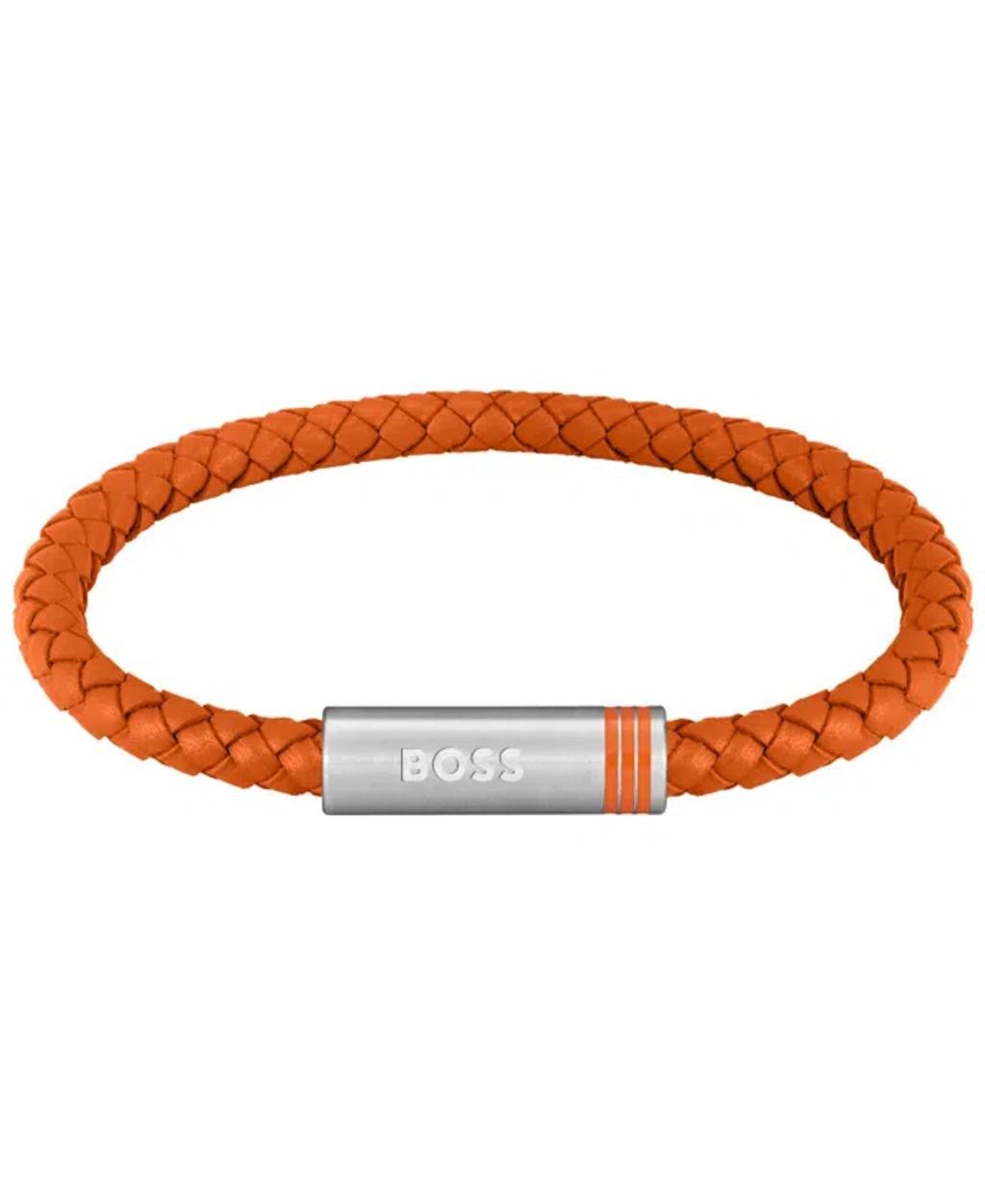 Hugo Boss Mens Ares Single Stainless Steel Orange Leather Bracelet Product Image