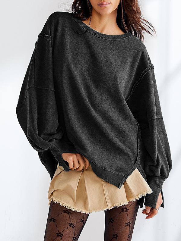 Long Sleeves Loose Fringed Solid Color Split-Joint Split-Side Round-Neck Sweatershirt Product Image