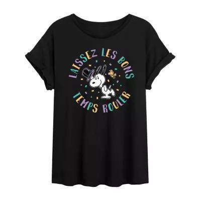 Juniors Womens Crew Neck Short Sleeve Peanuts Snoopy Graphic T-Shirt Product Image