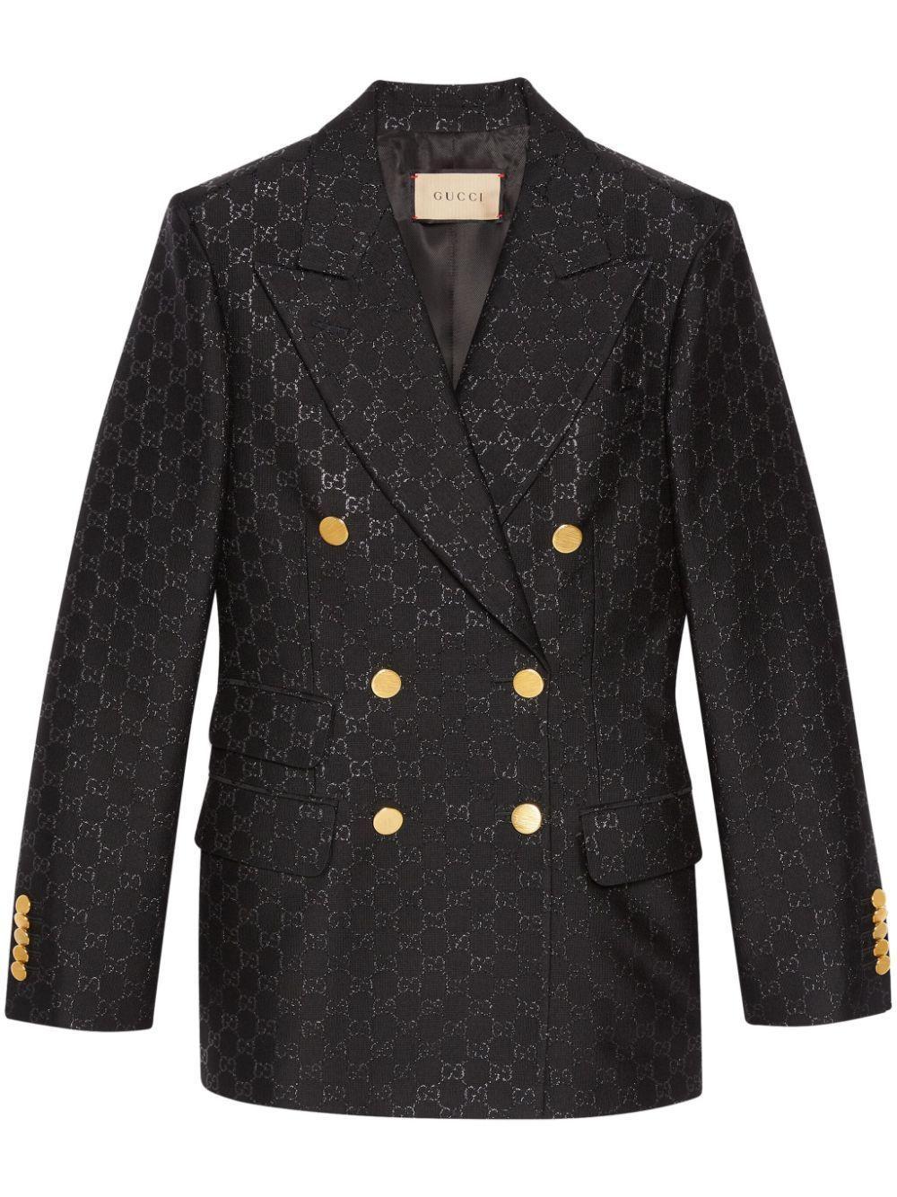 Gg-jacquard Double-breasted Wool Blazer In Black Product Image