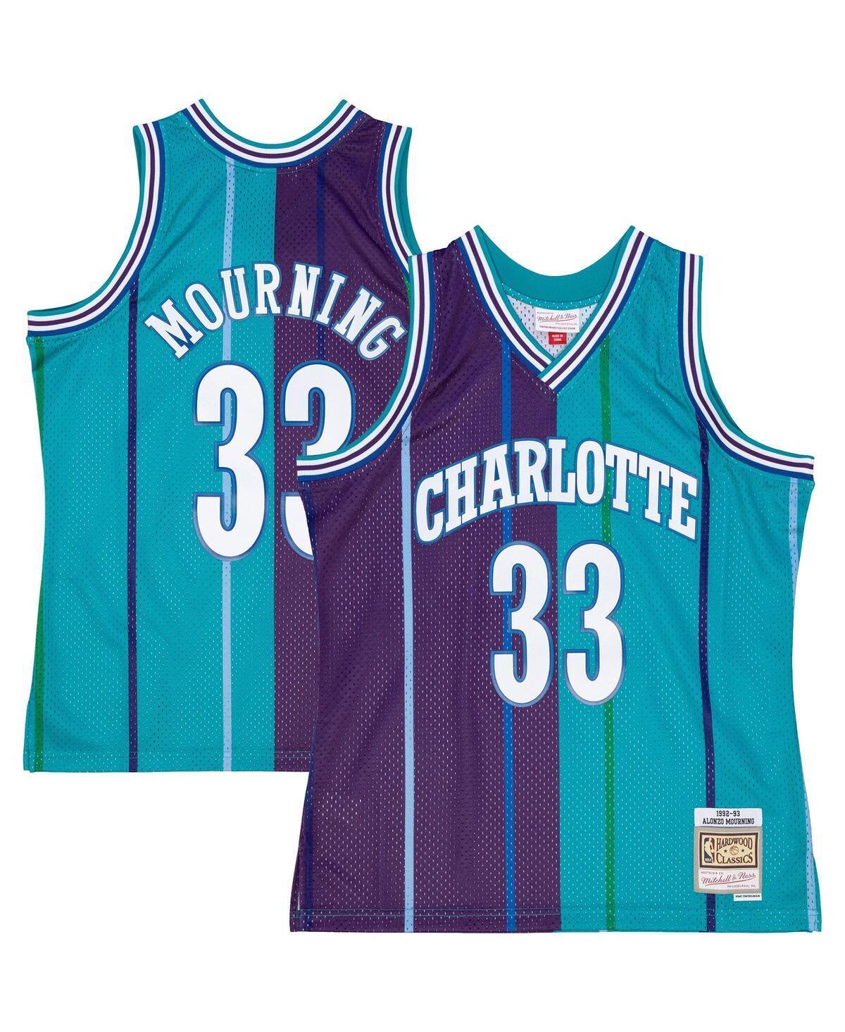 Mens Mitchell & Ness Alonzo Mourning Teal/Teal Charlotte Hornets Hardwood Classics 1992/93 Split Swingman Jersey Product Image