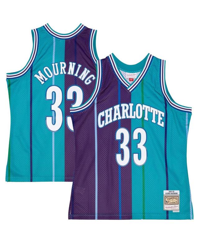 Mens Mitchell & Ness Alonzo Mourning Teal, Purple Charlotte Hornets Hardwood Classics 1992-93 Split Swingman Jersey - Teal, Purple Product Image