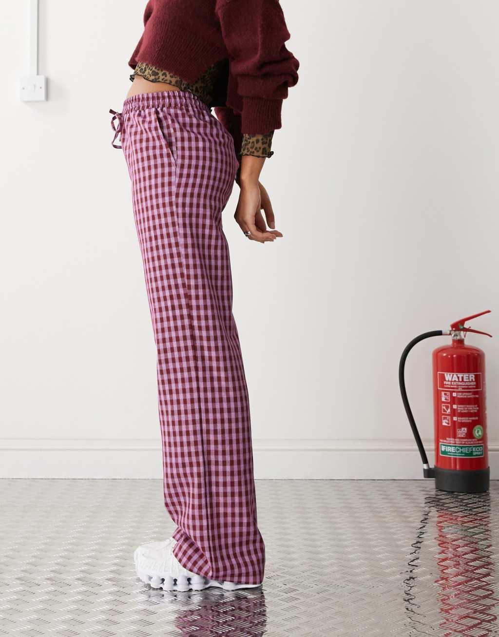 Reclaimed Vintage pull on relaxed pants in pink gingham Product Image