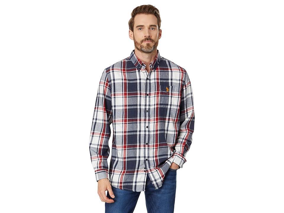 U.S. POLO ASSN. Long Sleeve Classic Fit 1 Pocket Yarn Dye Peached Twill Heathered Plaid Woven Shirt (Dark Navy Heather/Vanilla) Men's Jacket Product Image