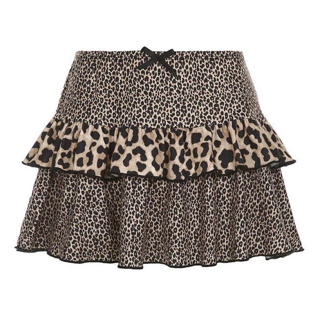 Low Waist Bow Accent Leopard Print Mini A-Line Skirt Product Image