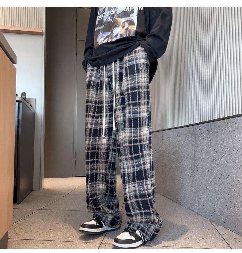 Mid Rise Plaid Wide Leg Pants Product Image