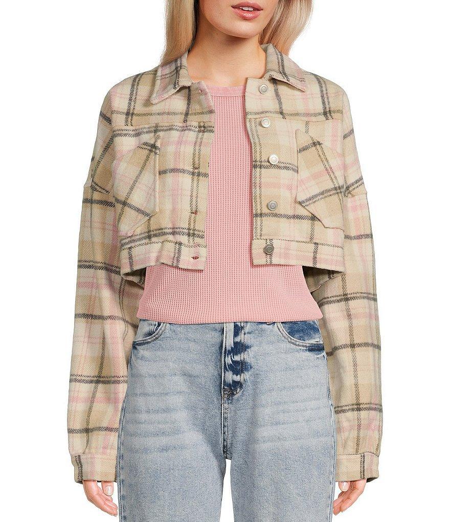 Double Zero Long Sleeve Plaid Cropped Jacket Product Image