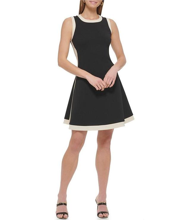 DKNY by Donna Karan Stretch Crew Neck Sleeveless Contrasting Trim Fit and Flare Dress Product Image