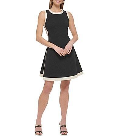 DKNY Stretch Crew Neck Sleeveless Contrasting Trim Fit and Flare Dress Product Image