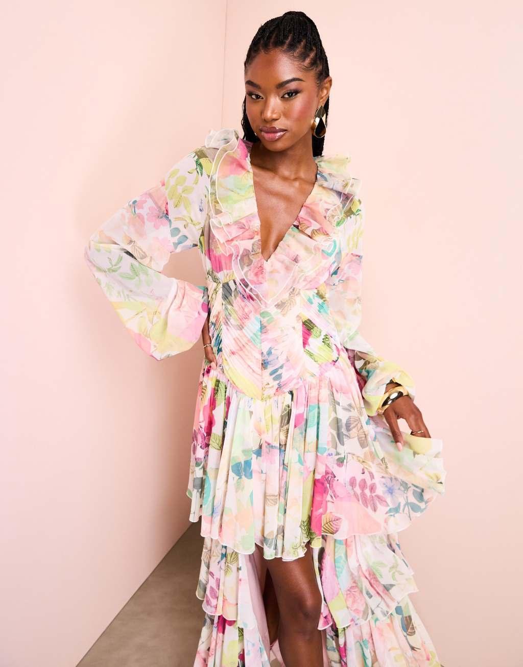 ASOS LUXE organza ruffle high low maxi dress in floral print Product Image