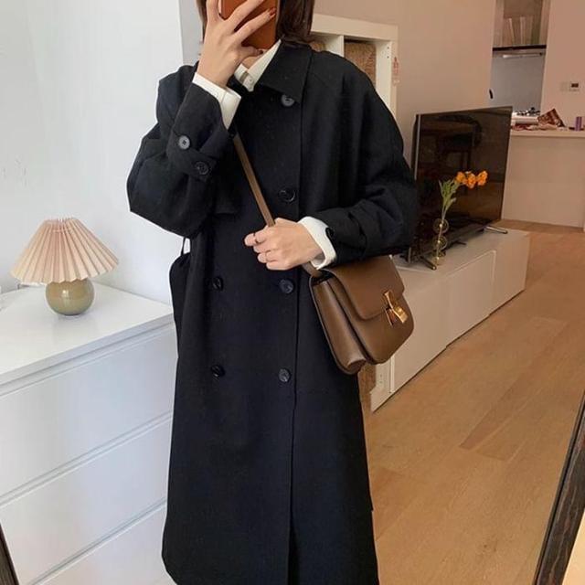 Collar Plain Midi Double-Breasted Trench Coat Product Image