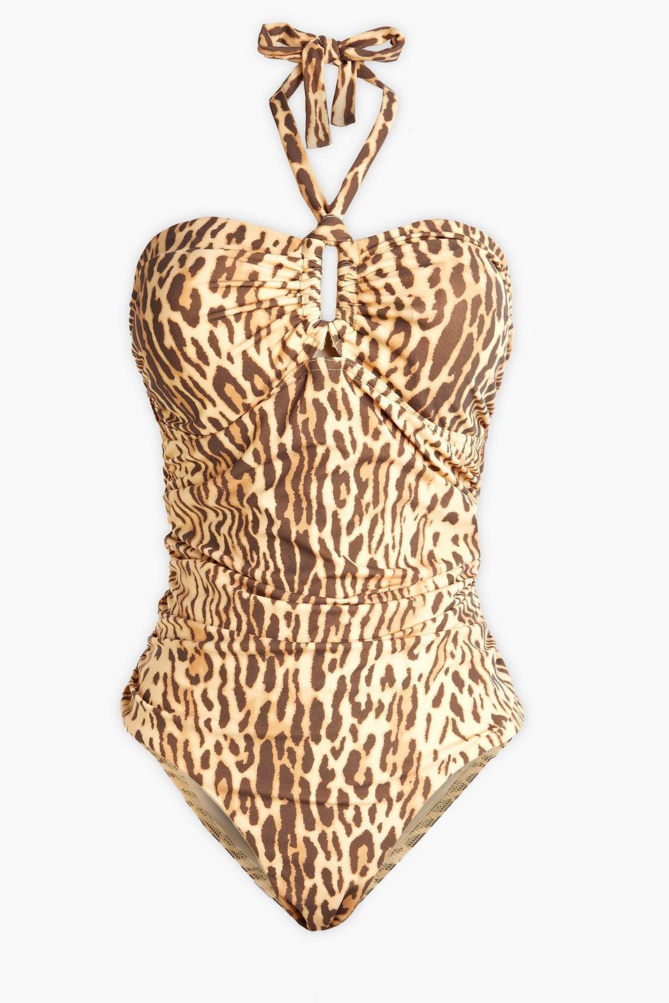 Ruched Leopard-print Halterneck Swimsuit In Animal Print Product Image