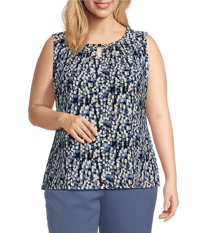 Kasper Plus Size Stretch Abstract Printed Pleated Keyhole Neckline Sleeveless Top Product Image