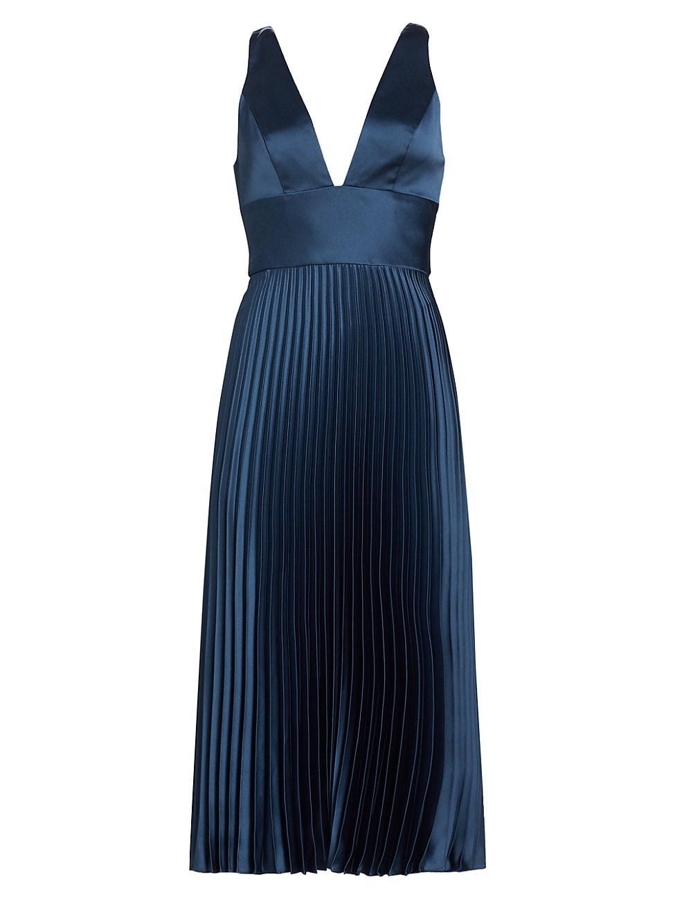 Womens Satin V-Neck Pleated Midi-Dress Product Image