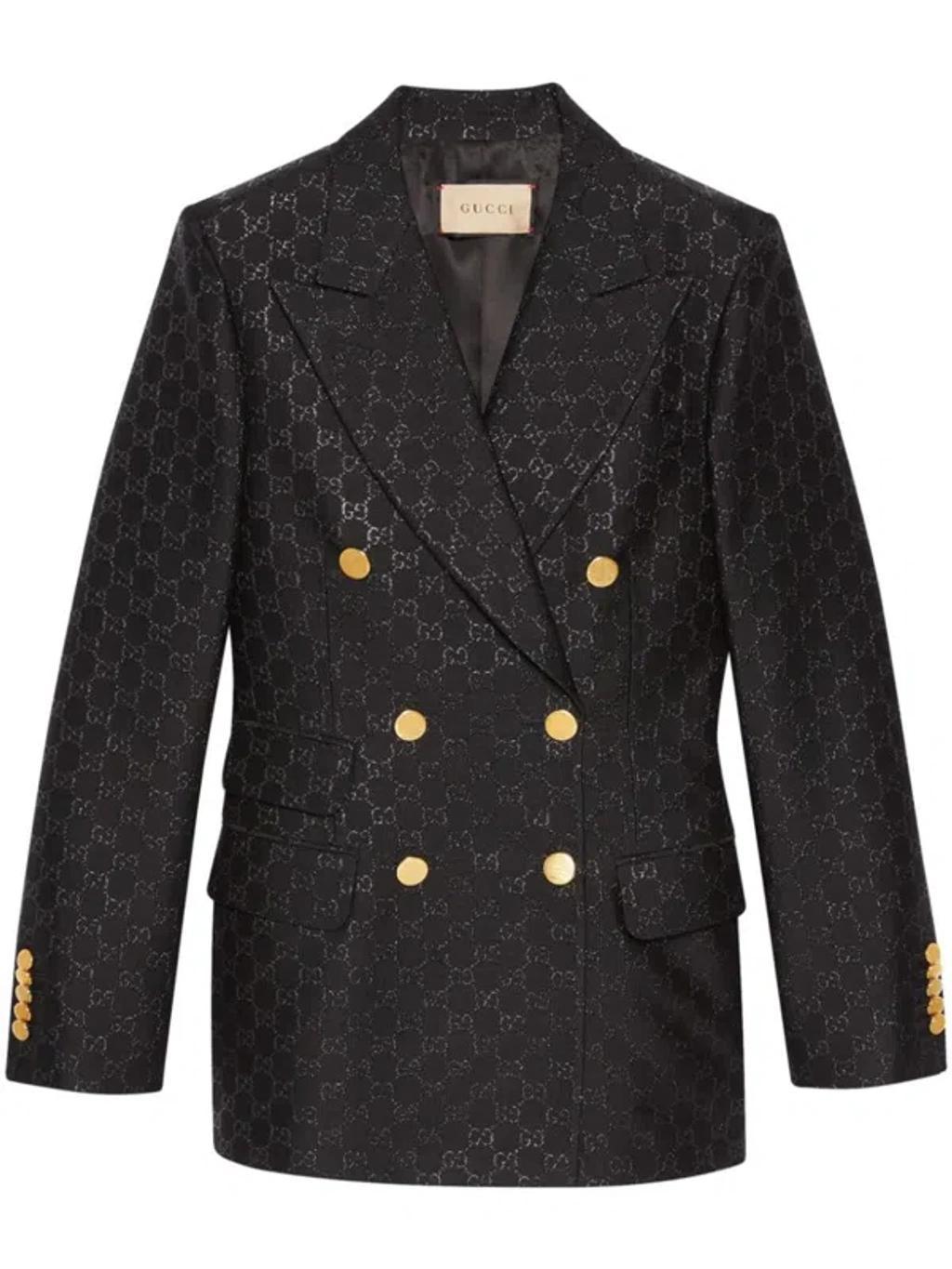 Gg-jacquard Double-breasted Wool Blazer In Black Product Image