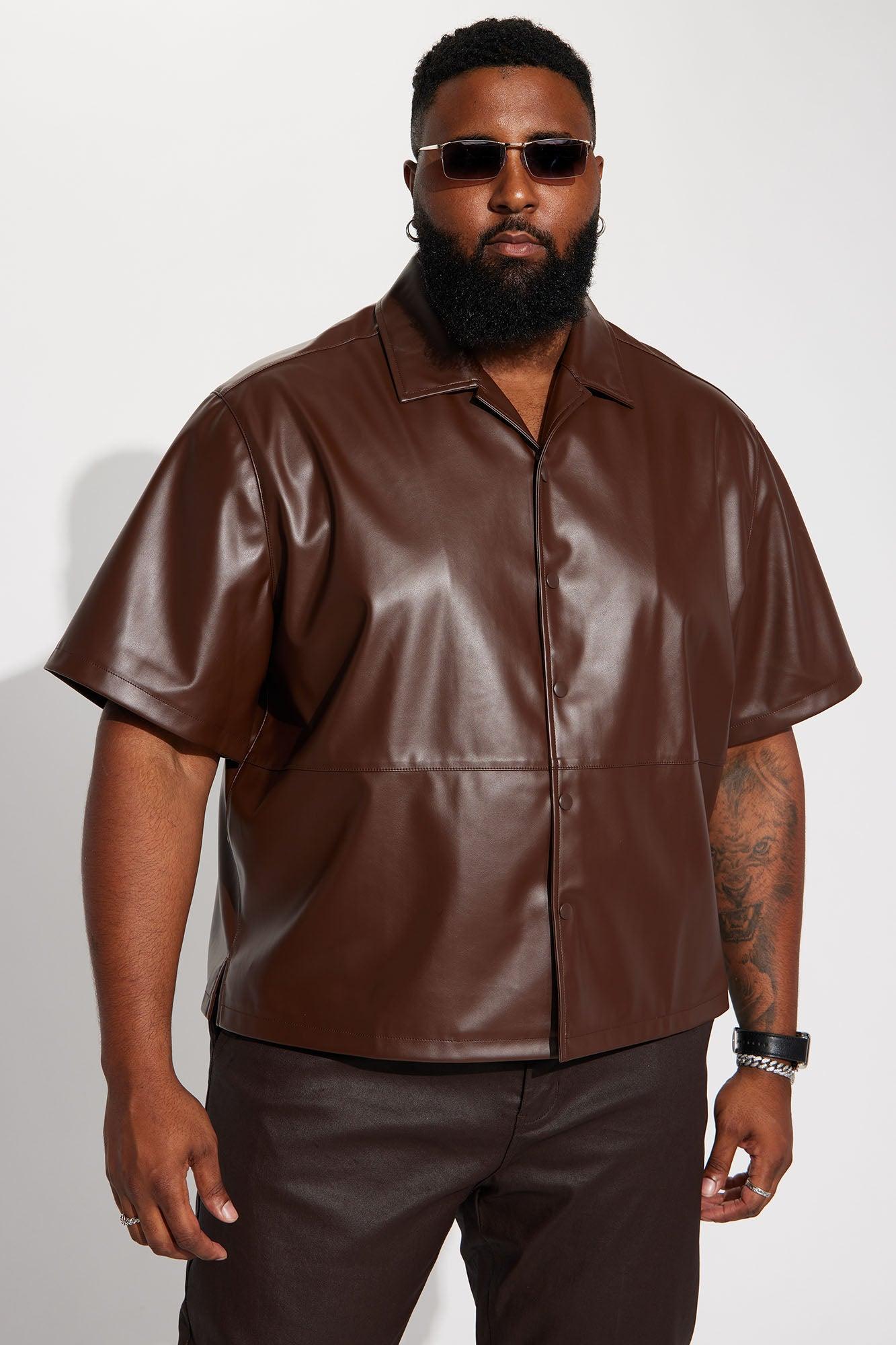 Slam Dunk Faux Leather Short Sleeve Button Up - Chocolate Product Image