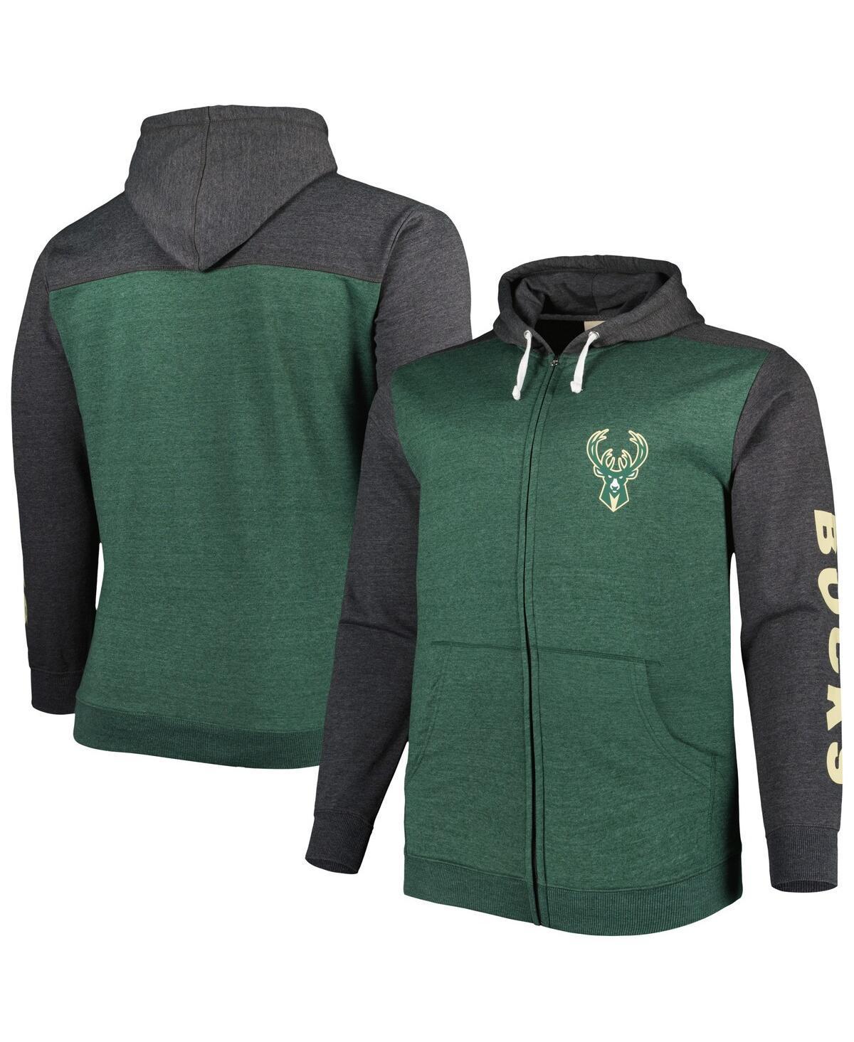 Mens Fanatics Branded Heathered Hunter Green/Heathered Black Milwaukee Bucks Big & Tall Down and Distance Full-Zip Hoodie Product Image