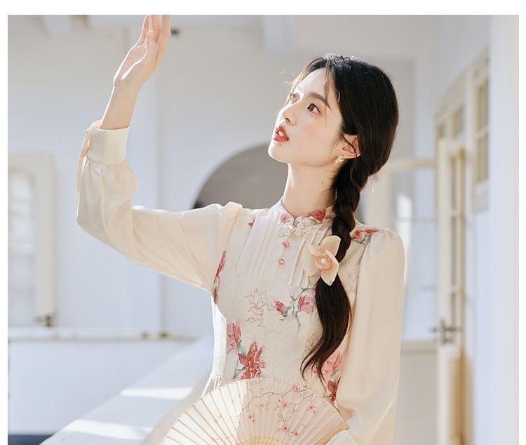 Mock Two-Piece Long-Sleeve Floral Print Midi A-Line Dress Product Image