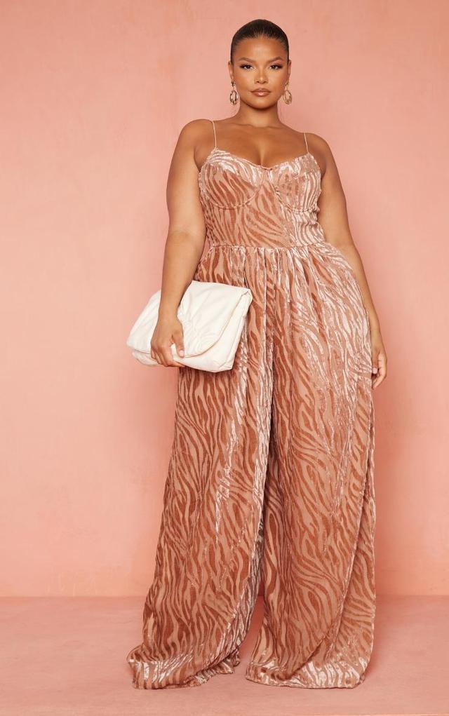 Plus Mocha Devore Cup Detail Wide Leg Jumpsuit Product Image