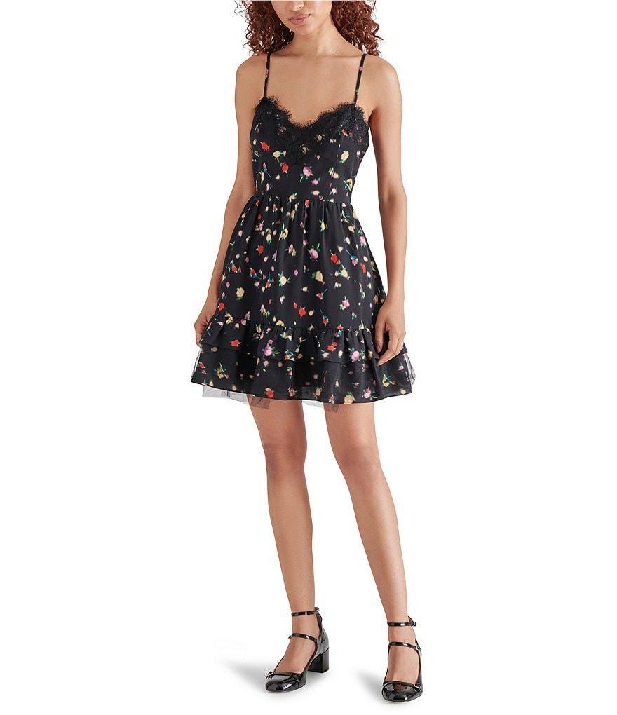 Steve Madden Yasmina Georgette Floral Print V-Neck Sleeveless Lace Trim Mini Dress Product Image