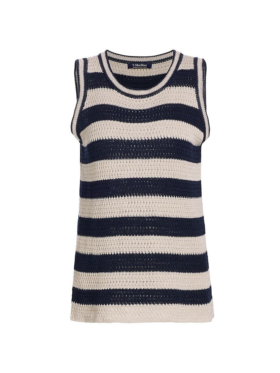 Avio Striped Linen Crochet Knit Tank Top Product Image