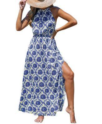 Cupshe Womens Blue Ornate Halterneck Maxi Beach Dress - White Product Image