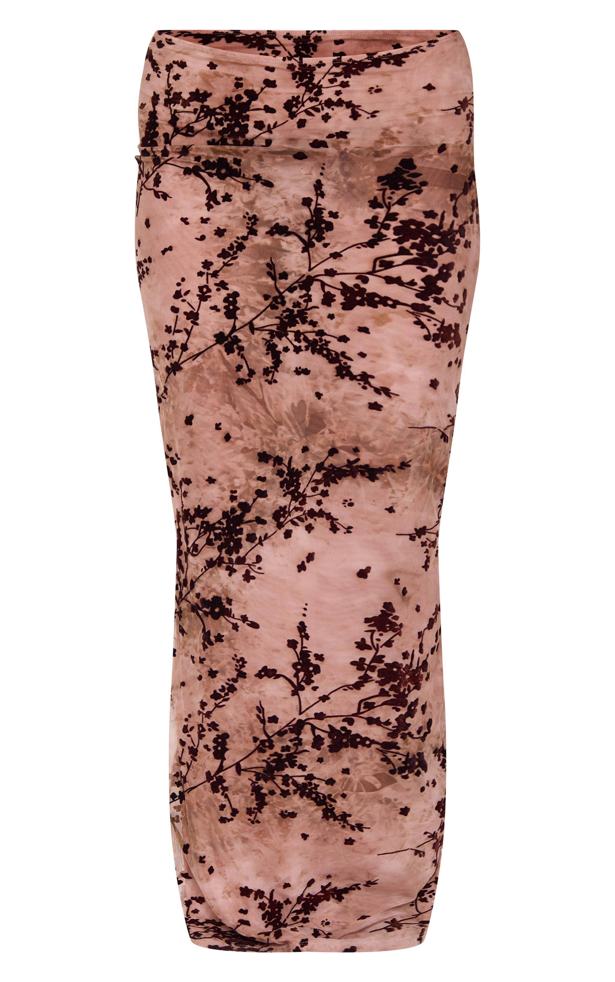 Mauve Floral Print Devore Mesh Ruched Maxi Skirt Product Image