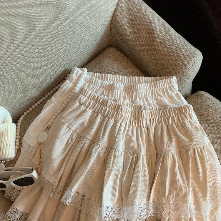 Elastic Waist Plain Tiered Lace Trim Mini A-Line Skirt Product Image