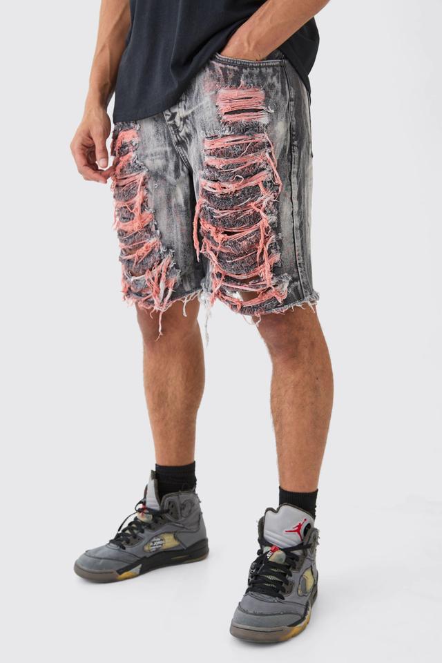 Relaxed Rigid Extreme Ripped Tinted Denim Jorts In Mid Grey | boohooMAN USA Product Image